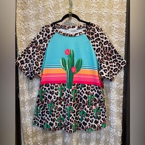 Turquoise & Leopard, Cactus Graphic Tee Striped Leopard Print Size 2XL
